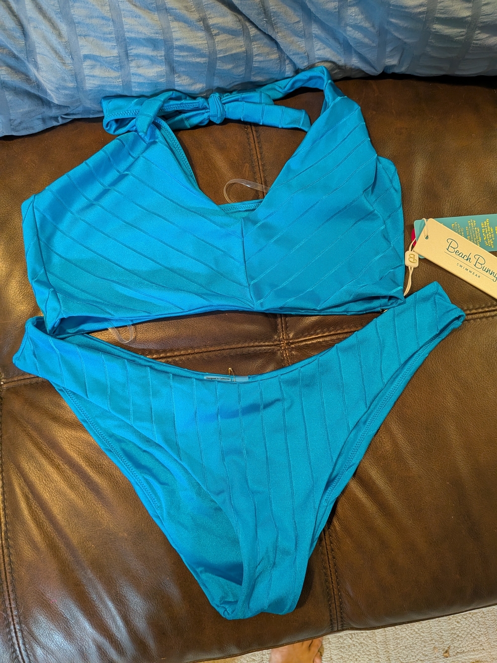 Beach Bunny Bright Turquoise Ribbed Halter Bikini Sz XL
